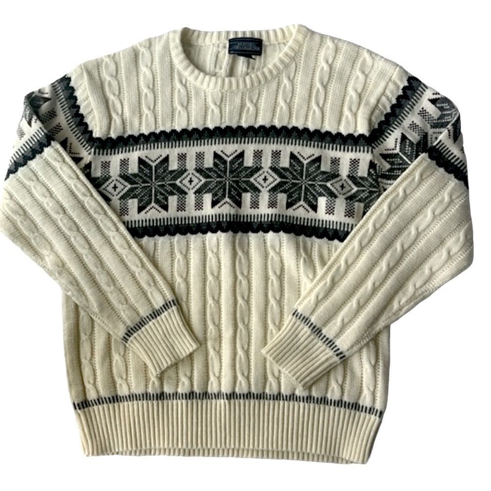 Vintage Mervin’s Men’s Crewneck Cable Knit Geometric Shape Cream Blue  Sweater L